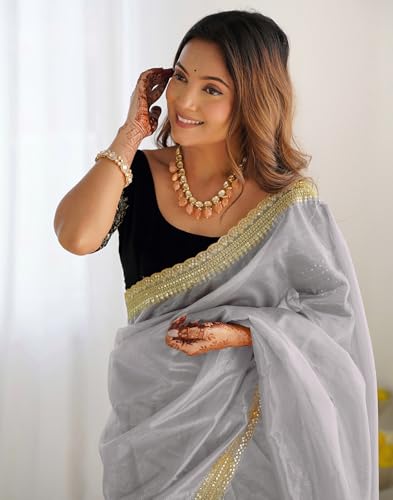 Image of SIRIL Women's Shimmer Net Sequence Embroidery Lace Saree for With Unstitched Blouse Piece