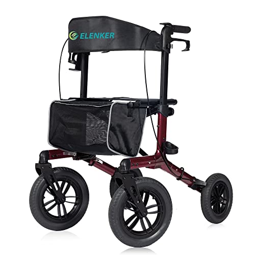 Image of ELENKER All-Terrain Rollator Walker with Non-Pneumatic Tire 12 inch Front Wheels, Compact Folding Design for Seniors, Red