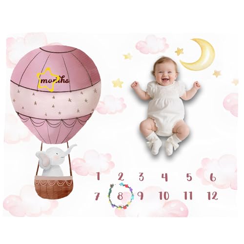 Image of SSCSTS Hot Air Balloon Baby Milestone Blanket for Boy or Girl, Cute Elephant Moon Photography Background, Monthly Age Growth Chart with Frame, Baby Shower Newborn Mom Gifts, Large 48x40in BTHYSS0020