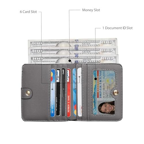 Image of Storite Women RFID Blocking Wallet - 8 Slot | PU Leather Card Holder | Slim Mini Purse with 6 Card Slots, ID Window, Cash Pocket | Button Closure | Compact & Lightweight (Grey - 10.4 x 9 x 2 cm)