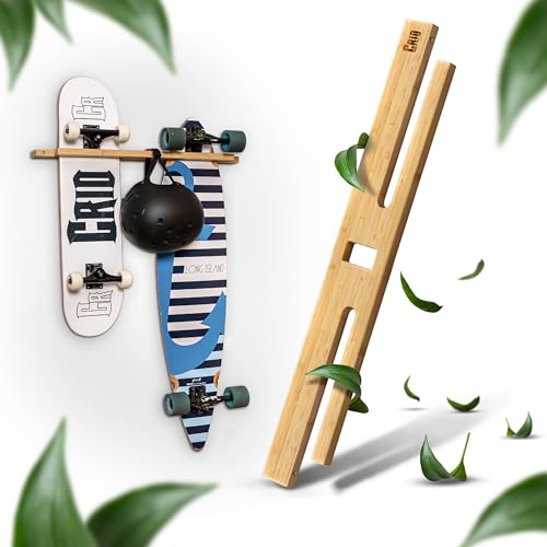 CRID Doppel Skateboard Wandhalterung aus Bambus - Universal Halterung für 2 Skateboards, Longboard, Snowboard, Wakeboard, Balance-Board - Inkl. gratis Montagekit - Modernes Design (Vertikal Halterung)