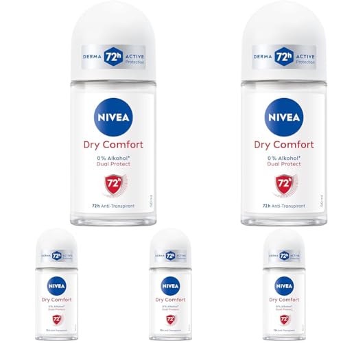 NIVEA Dry Comfort Deo Roll-On, Antitranspirant für 72h effektiven Schutz, antibakterielles Deodorant mit Dual Protect Formel ohne Ethylalkohol (50 ml) (Packung mit 5)