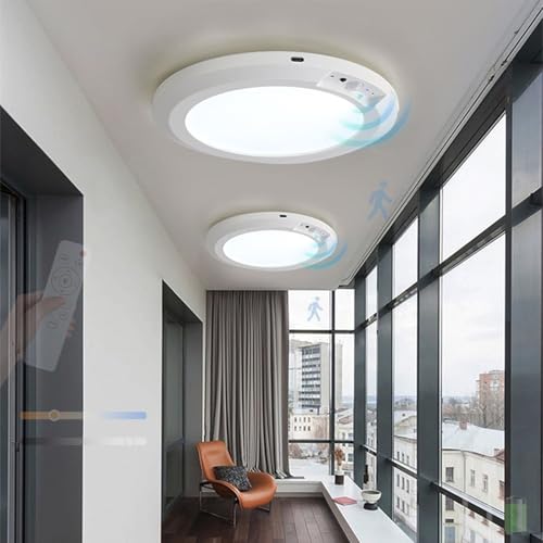 TZSMUM Plafon LED Techo con Detector de Movimiento Lámpara de Techo Recargable Lámpara Techo con Mando a Distancia Regulable 2700K-6500K para Pasillo Escalera Sótano (Blanco,2 Piezas)