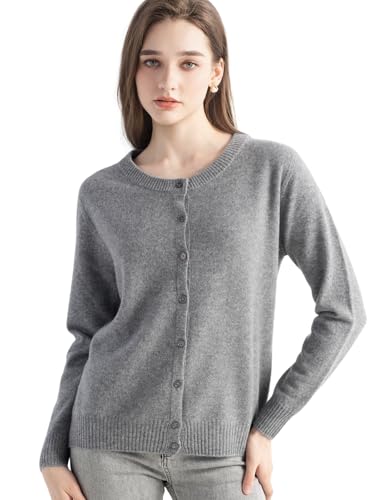 Chanyarn Women's 100% Pure Cashmere Cardigan Crew Neck Long Sleeve 2025 Fall Winter Warm Soft Knit Cardigan Sweater (Grey17177,S)