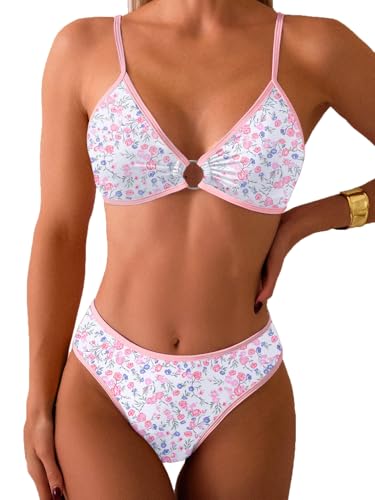 Image of Fanuerg Women's Triangle Bikini Sets O Ring Linked Two Piece Swimsuits Floral Printed Cheeky Bathing Suit