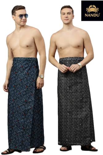 Image of NANDU Brand Men's Cotton Stitched Printed Lungies - Pack of 2 (Multicolour, Colour May Vary, Free Size)