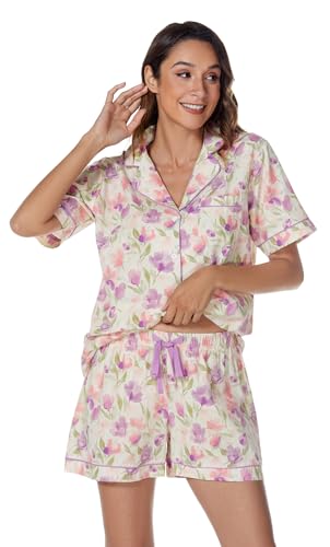 Image of LUBOT 100% Cotton Women's Pajamas Set Button-Down Two-piece PJ Set Short Sleeve Printed Patterned Summer Sleepwear Loungewear (Purple Floral, 2XL)