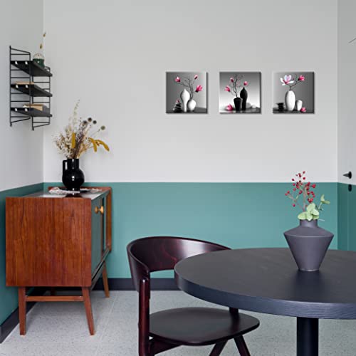 Flower Wall Art For Bathroom Hallway, Sz Elegant Rchid Still Life Canvas Painting Prints, Pink Magnolia In Black And White Vases Picture (Ready To Hang, Waterproof Decor) #TOP5