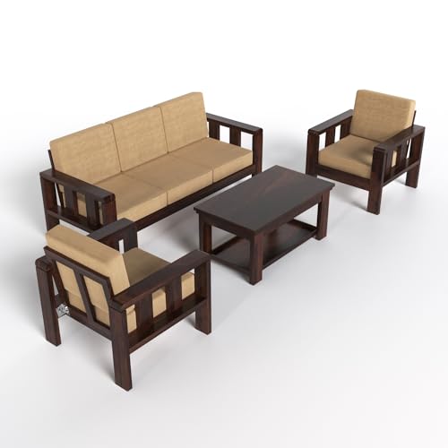 Image of Solid Wood Sofa Set 5 Seater with Cushion for Living Room, Office and Home Furniture, Sofa 5 Seater Wooden Sofa Set in Walnut Finish