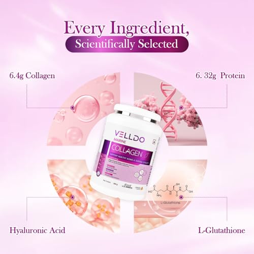 Image of Leeford Velldo Marine Collagen Supplement with Vitamin C & E for Men and Women, for Healthy Skin, Hair, Nails, Bones & Joints | Orange Flavour, Sugar Free & Gluten-free 200 g