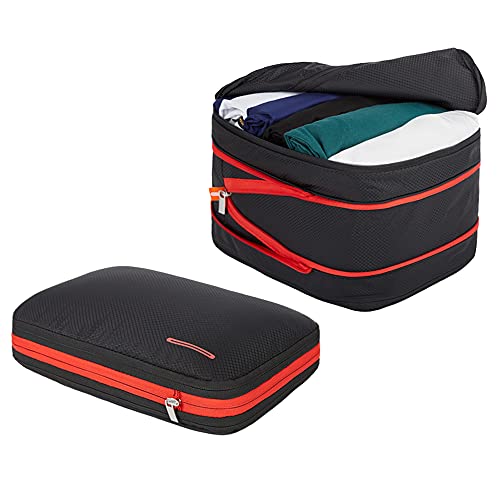 BeeNesting Compression Packing Cubes 2 Set for Travel Suitcase Organizer Accessories with Shoes Bag (M+L 9L/15L, BlackRed)