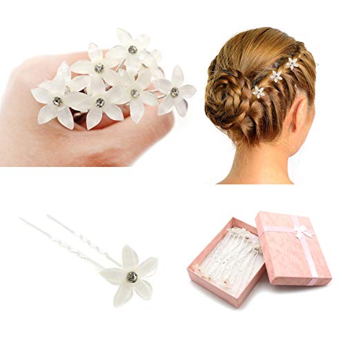 Dofash 8Pcs Floral U-Shaped Hairpins Flowers Bobby Pins for Wedding Hair Pins with Rhinestones Bridal Hair Accessories (White)