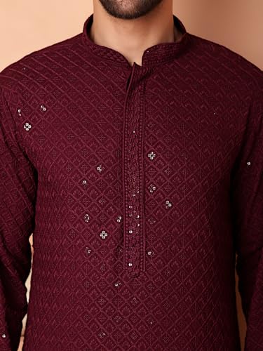 Image of Jompers Men's Purple Embroidered and Sequence Kurta with Pyjama (Purple, S)