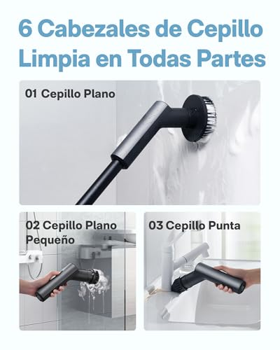 Miniatura 5 de Hoto Cepillo Electrico Limpieza Hogar, Cepillo Limpieza Electrico Con 6 Cepillos Reemplazables, 2 Velocidades, Mango Ajustable 90-120cm, Ipx7 Resistente Al Agua, Para Baño, Cocina, Coche, Tina