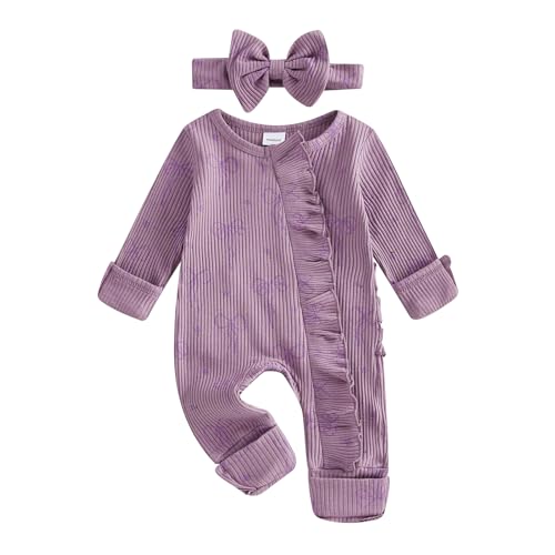 Image of allshope Newborn Baby Girl Fall Outfit Bow Print Long Sleeve Full Length Zipper Front Ribbed Jumpsuit Infant Clothes