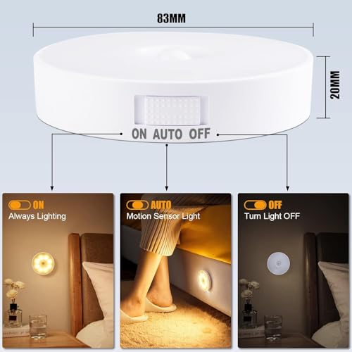 Image of ELLEVE- Motion Sensor LED Night Light - Wireless USB Rechargeable Magnetic Lamp with Auto /On /Off Modes - Stick-On Light for Closet, Wardrobe, Bedroom, Hallway & Stairs Warm White (Pack of 02)