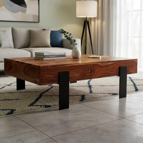 Image of Modern Solid Wood Coffee Table for Living Room | Wooden Center Table with Thick Top | Wooden Leg Cocktail Table | Contemporary Tea Table Furniture for Home, Lounge & Apartment | Light Walnut