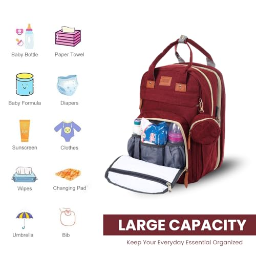 Image of Diaper Bag Backpack with Built-in Changing Station,Large Capacity Waterproof Mummy Bag with Bassinet,Insulated Pockets,Laptop Compartment & Organizer for Baby Essentials Travel,Unisex-Maroon