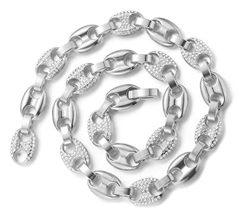 HALUKAKAH Chaîne Graine de Café Homme,Chaîne Argent,Collier et Bracelet,Plaqué Or Réal Or Blanc,Iced Out avec Diamants,60cm,avec Le Boîte-Cadeau Gratuit