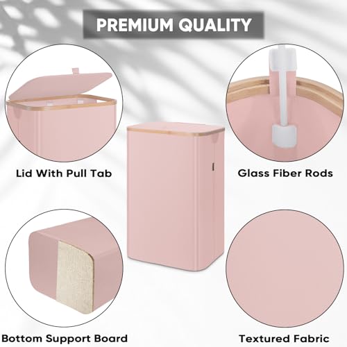 Image of BALEINE Laundry Hamper with Lid, Tall Laundry Baskets with Bamboo Pull Handles, Large Laundry Bin with Internal Support (18 Gal /70L, Pink)