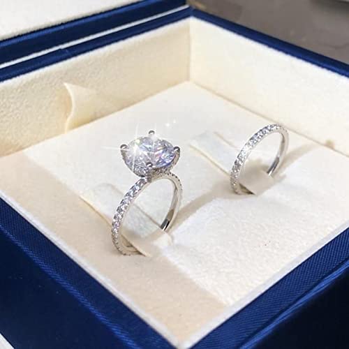 925 Sterling Silver Ring for Women Wedding Ring Bridal, Four Claws Ring Engagement Ring Full Diamond Zirconia Ring 5-10 Promise-2PCS3