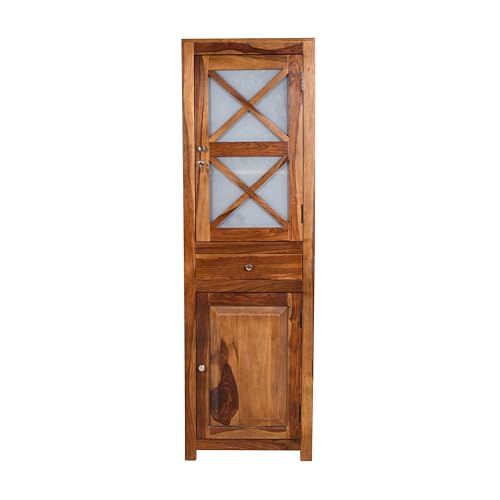 Image of EXCEL Home Cross Pattern Solid Wood 1-Door Wardrobe in Provincial Teak Finish