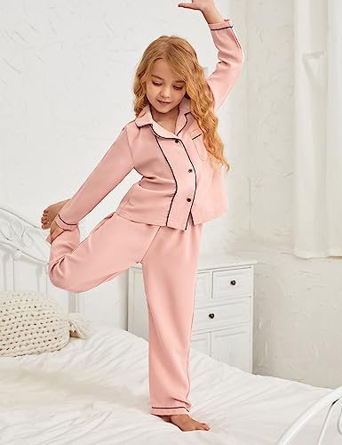 Satin Pajamas for Girls 2 Piece Sleepwear Long Sleeve Silky Shirt Kids Clothes,Size 10 11 Pink4