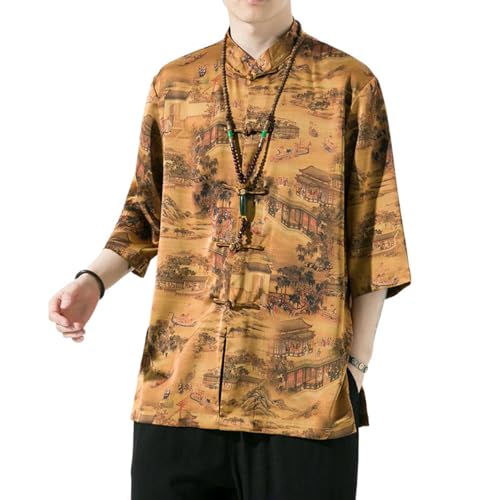 Chemise Hanfu homme en soie glacée à manches mi-longues imprimée style chinois