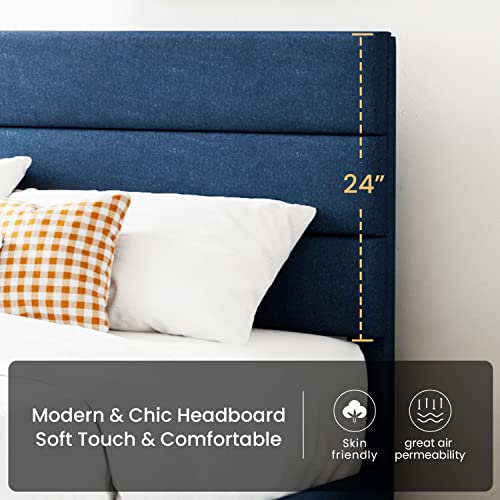 Sha Cerlin King Platform Bed Frame With Upholstered Fabric Headboard, Mattress Foundation With Strong Wooden Slats Support, No Box Spring Needed, Blue #TOP3