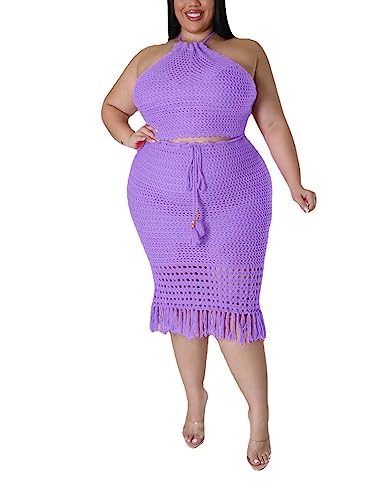 Image of Women Plus Two-Piece Skirt Set Tassel Fishing Net Knittin Hollow Out Off Shoulder Beach Dresses Swimsuit Cover Ups