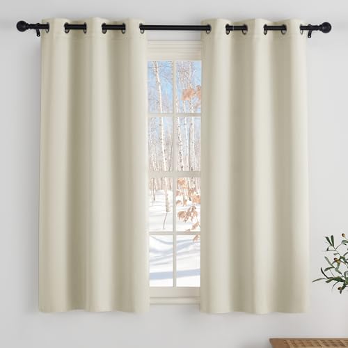 PONY DANCE Cortinas Cocina Modernas 2 Piezas Cortinas Opacas Termicas Aislantes Cortinas Dormitorio Cortas para Ventanas con Ojales,90x120cm,Beige Claro