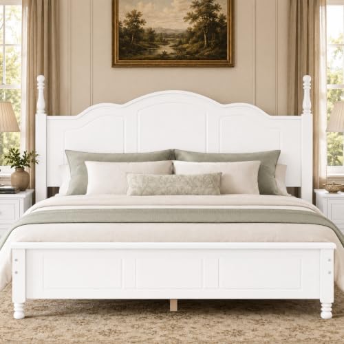 berawary White Wood Bed Frame Queen Size with Wave...
