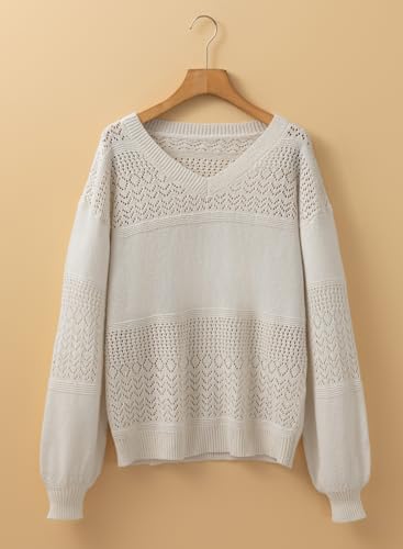 Image of SHEWIN Women's Sweaters Casual Long Sleeve V Neck Crewneck Lightweight Crochet Pullover Sweater Tops