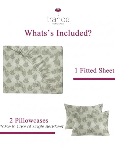 Image of Trance Home Linen Pure 100% Cotton 144Tc Printed Queen Fitted Bedsheet with 2 Pillow Covers (78 X 60 Inch, Ferns Paradise Green), 144 tc