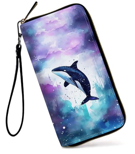 GFRGTFHYT Damen-Geldbörse, großes Fassungsvermögen, RFID-blockierend, PU-Leder, Handgelenk-Geldbörsen für Damen, Art Dolphin, Women Wallet, Art Dolphin