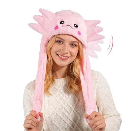 Jococs Axolotl Hat Moving Jumping Ear Hat Funny Animal Costume Pink Plush Cap for Party Dress Up