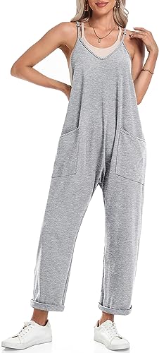 TARSE Womens Jumpsuits Casual V Neck Baggy Rompers Sleeveless Loose Adjustable Spaghetti Strap Overalls Jumpers with Pockets