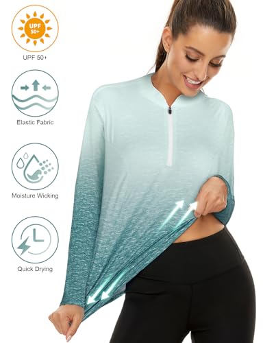 Misyula Style Ladies Golf Shirts Long Sleeve Quarter Zip Pullover Moisture Wicking Shirts for Women Sun Protection Hiking Tennis Pickleball Running Cycling Activewear,Green Gradient,L