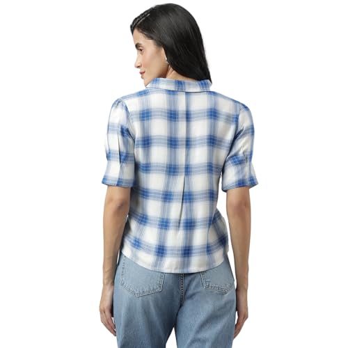 Image of Latin Quarters Women Blue Casual Check Half Sleeve Shirt