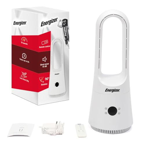 Energizer - Ventilador sin aspas con mando a distancia, diseño elegante blanco - Ultra-Silencioso - Limpieza fácil - 52 cm - Cargador de corriente incluido