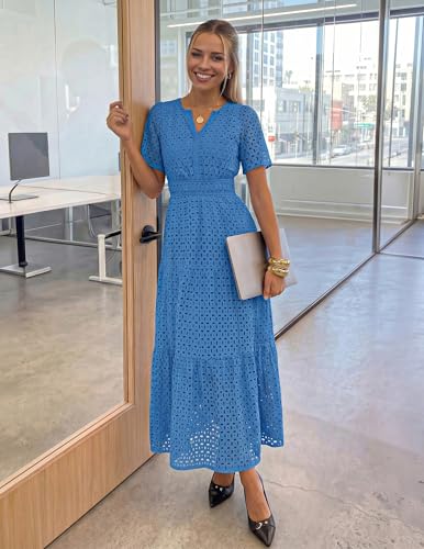 Image of ZESICA Women's 2026 Summer Short Sleeve Maxi Dress Casual V Neck Hollow Out Eyelet Ruffle Swing A Line Long Dresses
