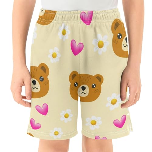 J JOYSAY Bear Daisies Hearts Beige Boys Athletic Shorts Kids Youth Casual Shotrs with Elastic Waistband Pockets2