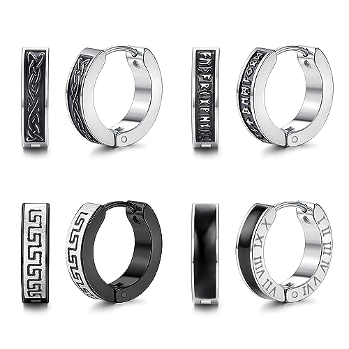 MILACOLATO 4 pares Viking Aro Pendientes para Hombre Mujer Aro Vikingo de Acero Inoxidable Pendientes Clicker con Bisagras Pequeños Vikingos Nórdicos Pendientes de Aro Negro para Hombre Joyería 12mm
