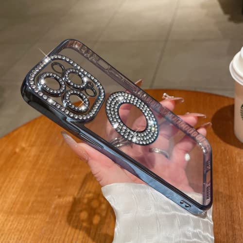 Coque iPhone 14 Pro Max luxe à paillettes transparentes et strass noirs chic