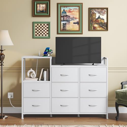 Image of NEWBULIG Media Console Dresser TV Stand for 45 inch with 8 Fabric Drawers & Open Shelves, Wooden Top Entertainment Center with LED Lights & Charging Station for Bedroom, White