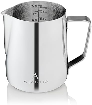 Avantio Premium 304 Stainless Steel Milk Frother Jug with Large 600ml Capacity with Measurements for Frothing and Coffee Machine - Latte Decorating Pen, Stencil and Chocolate Duster, UK Designed