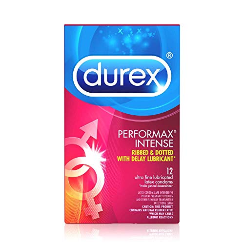 Condoms, Ultra Fine, Ribbed, Dotted with Delay Lubricant, Durex Performax Intense Natural Rubber