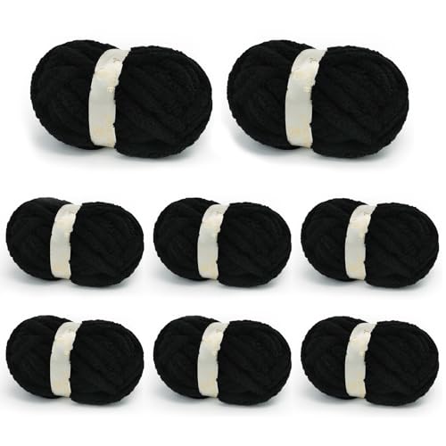 BATELO Chunky Yarn for Hand Knitting, Chunky Chenille Blanket Yarn for Crocheting, Bulky Soft Fluffy Chenille for Blanket Project, 8 Pack of 8oz/25yds, Black