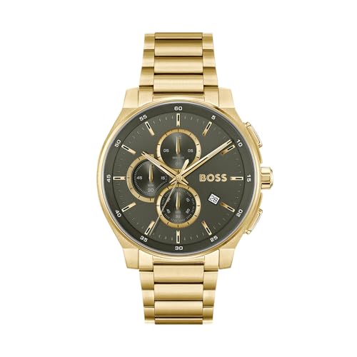 Image of BOSS Peak 2.0 Qtz Chrono Olive Green Round Dial Men's Watch|Ionic Plated Thin Gold Steel Material|Gold Color Band - 1514190