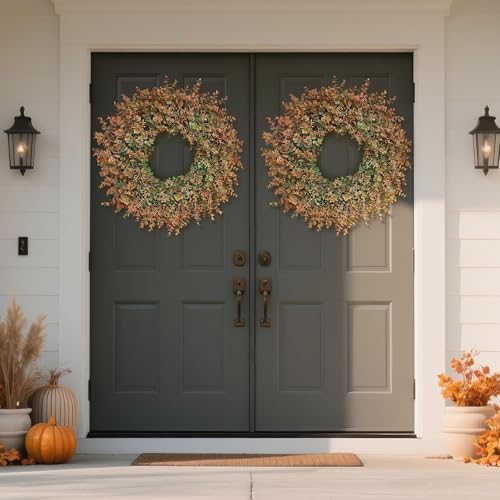 Image of 26 inchArtificial Eucalyptus Wreath with Seed for Front Door Decor(Fall Orange)